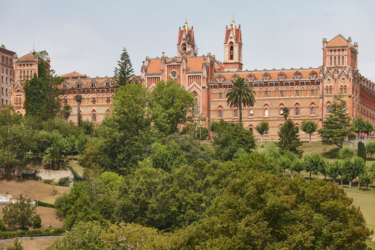 Picturesque Universidad Pontificia Comillas building. Art noveau architecture. Cantabria, Spain