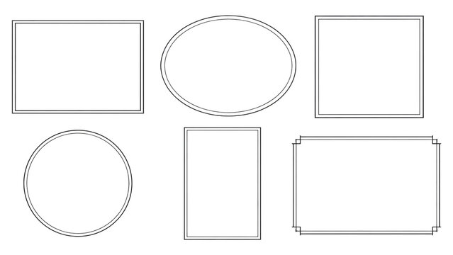 Set of six simple black double-line frames in various shapes including rectangles, squares, circles and an oval on a transparent background