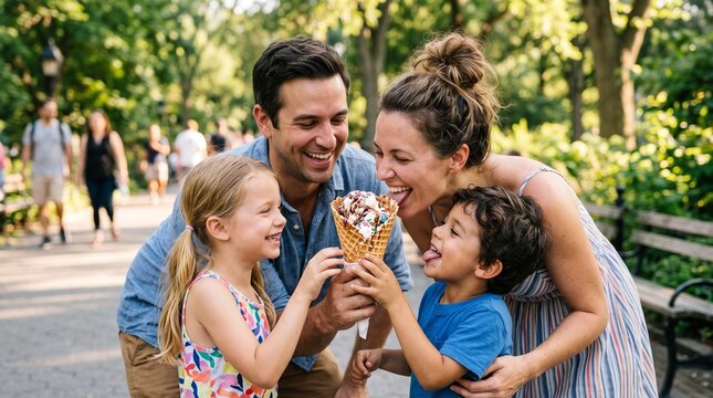 Joyful family sharing a large ice cream cone in a sunny park on a summer day