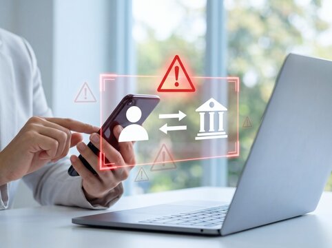 Online banking security alert with user and bank icons for protected digital transactions.
