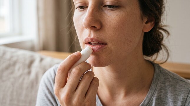 Woman applying lip balm to her lips for hydration and care