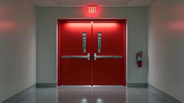 Red fire exit doors with illuminated sign, isolated on transparent background. Useful for emergency safety planning and building evacuation concepts.