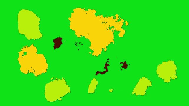 Island shapes animation presents stylized geographic landmasses. Creative cartographic map visualizations use island shapes animation. Modern graphic design projects use shapes.