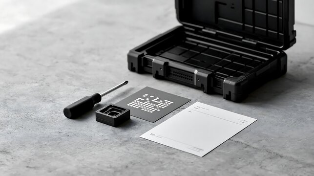 A professional toolkit with a black case, tools, and technical documents isolated on transparent background. Ideal for engineering and industrial maintenance concepts.
