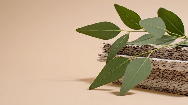 Elegant sustainable recycled paper stack with fresh green eucalyptus leaves for circular economy and eco-friendly business concept on beige background