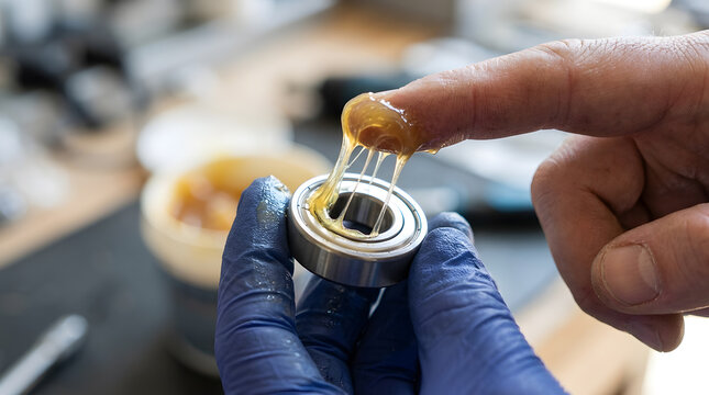 Technician Applying Thick Lubricating Grease to Metal Ball Bearing | Hands in Blue Gloves Applying Bearing Grease for Mechanical Maintenance | Close Up of Lubricating Grease Application on Steel Ball 