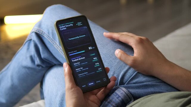 Smartphone detects a suspicious login and freezes a virtual payment card, highlighting digital wallet security, fraud prevention and real-time protection against account threats.