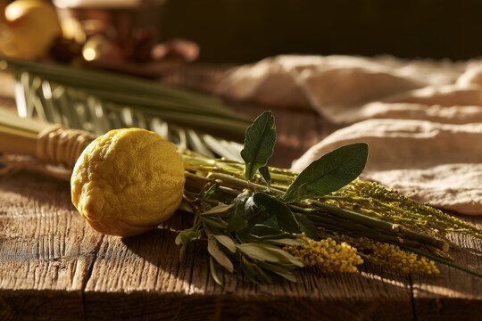 Traditional Jewish Festival Scene: Etrog and Lulav with Myrtle and Willow on a Wooden Surface
