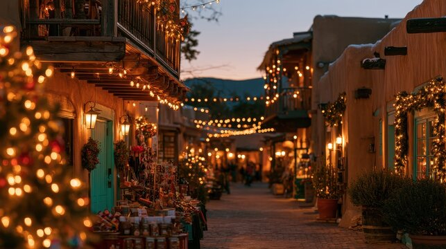 Twinkling Christmas Night on a New Mexico Adobe Street