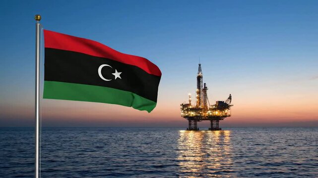 National Flag of Libya Waving with Illuminated Offshore Oil Platform in the Ocean at Dusk. AI Generated.