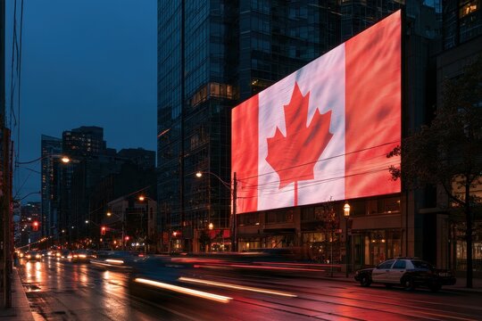 Urban street scene with a bright digital billboard displaying the Canadian flag as traffic passes