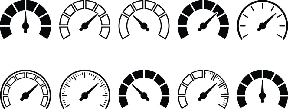 Speedometer performance rating and dial gauge meter icon set vector illustration