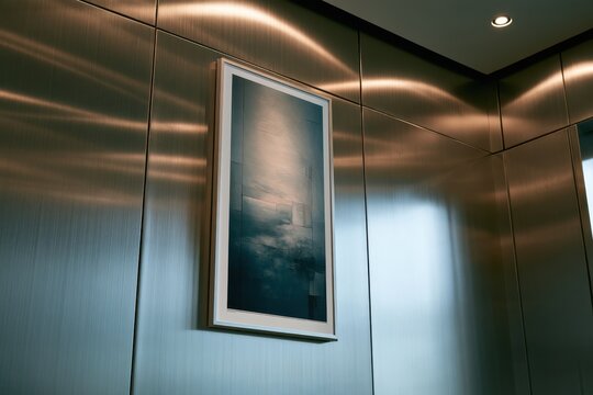 Vertical poster framed on a metal elevator wall, crisp close-up with clean lines and subtle reflections