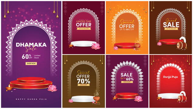 Durga Puja sale backgrounds featuring ornate arches, podiums, bells, diyas, lotus flowers, dhak drums, and festive offer text.