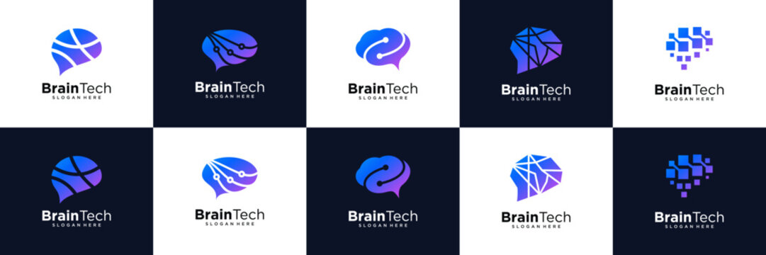 Set of brain tech smart digital idea logo icon design templates.