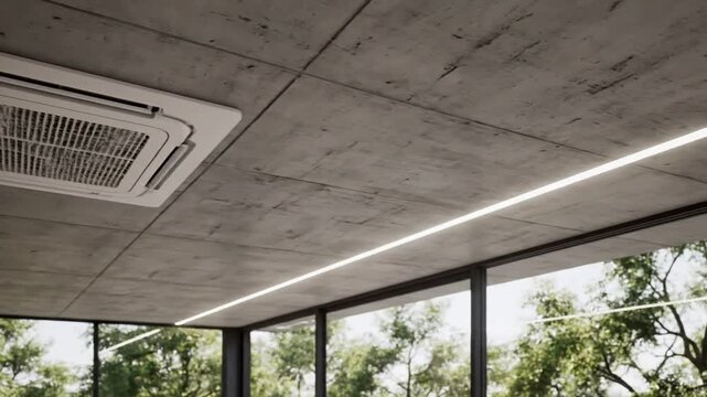 Modern air conditioner cassette installed in raw concrete ceiling with led linear lighting hvac cassette ac