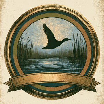 Vintage circular badge featuring a duck silhouette in a marsh scene with brass texture