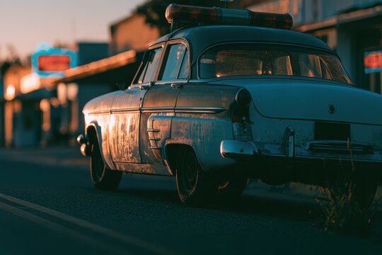 Vintage patrol car on a quiet street under warm dusk light