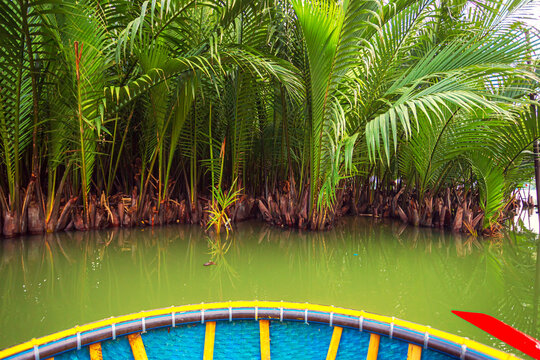 The famous round boats in the Bay Mau coconut forest. Wetland jungle in Hoi An.
