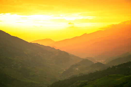 Beautiful sunset in the mountains. The Mu Cang Chai rice terraces  in Vietnam.