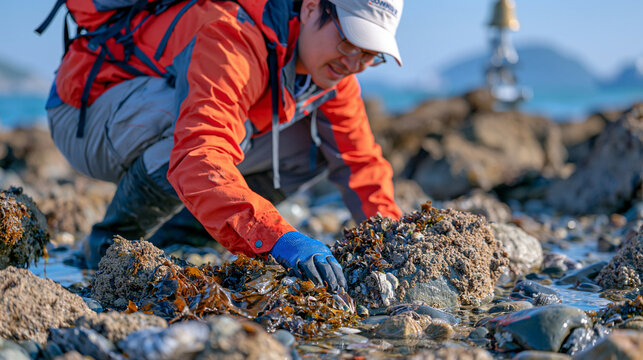 A seaweed harvester crouches at a rocky coastal pool smelling a fresh batch for spoilage before competition harvest begins, a brass bell mounted above the tide marker about to signal the start, cand