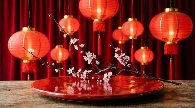Lunar New Year Product Display Podium with Red Lanterns and Plum Blossoms