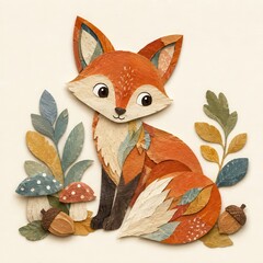 Fototapeta premium Whimsical paper cut fox woodland illustration with mushrooms