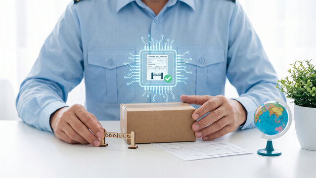 AI customs clearance and import export declaration concept, man with parcel, border barrier gate, globe and customs form for international shipping, trade compliance and logistics
