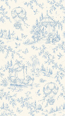 Naklejka premium Dreamy Blue Toile de Jouy Enchanted Garden Seamless Pattern with Swan Boat, Gazebo and Hot Air Balloons