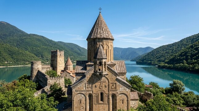 Ancient Georgian Monastery Complex Overlooking Serene Reservoir