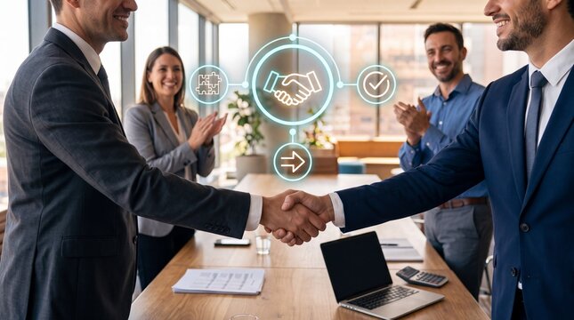 Business partners shaking hands in a modern office. Corporate teamwork and partnership during a digital collaboration meeting with icons for agreement, workflow, and progress.