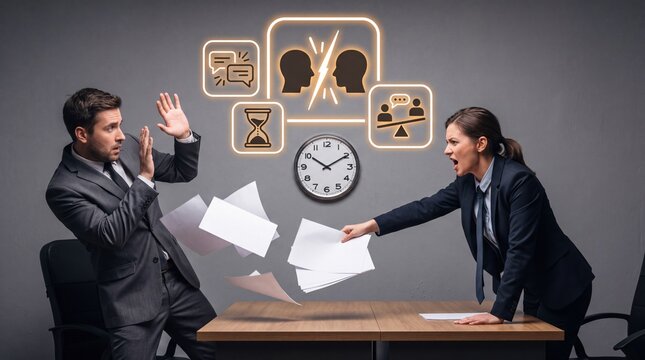 Executive shouting at coworker and throwing paper documents across boardroom table. Furious female boss confronting stressed employee over work deadline in corporate office.