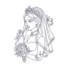 Bride portrait with tiara and veil holding bouquet line art © Line Art