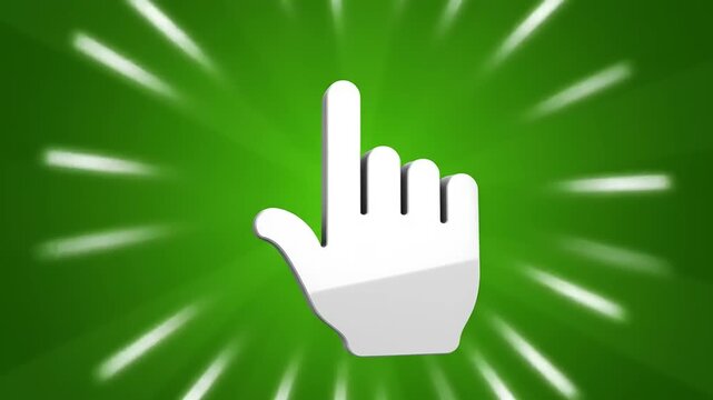 White hand cursor clicking on a vibrant green background with radial light rays for digital interaction and web navigation