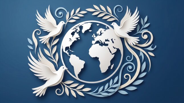 White peace doves flying around a world globe map