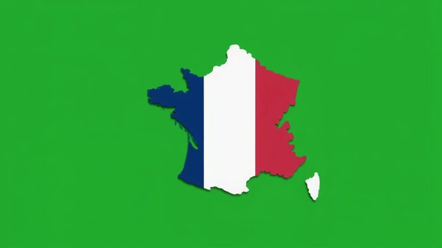 France map outline with Tricolore flag animating in with subtle shadow on green screen background