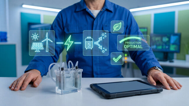 Green hydrogen electrolysis and renewable energy concept, technician with electrolyzer model and tablet, solar panel, wind turbine and water splitting for clean fuel and decarbonization