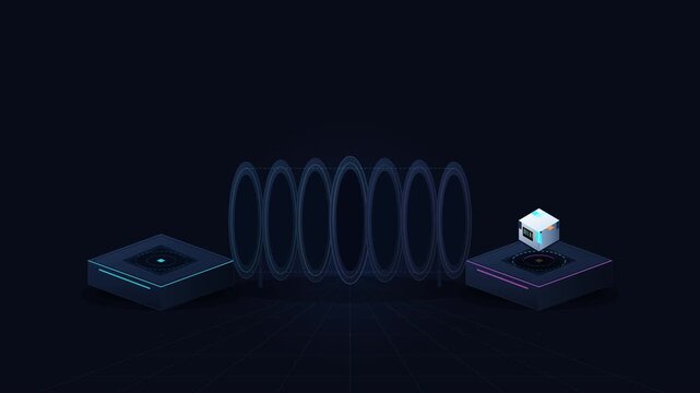 A futuristic neon system teleports a digital shopping product through an energy tunnel and reconstructs it as a delivery package, representing e-commerce, online orders, digital commerce