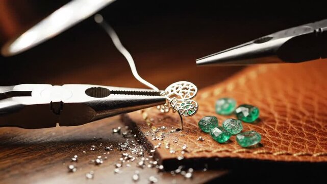 Jeweler's hands carefully manipulating silver jewelry with pliers and small green emeralds on leather surface