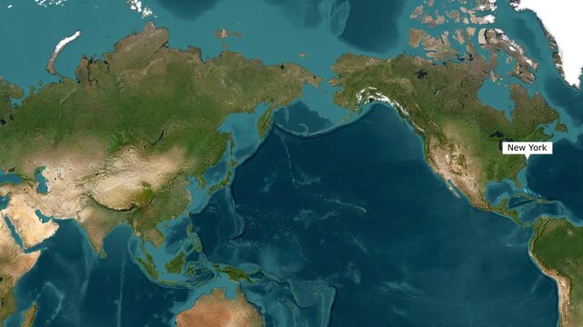 Airplane flying along a glowing dotted travel route path across the Pacific Ocean from Tokyo to New York on a detailed world map video footage