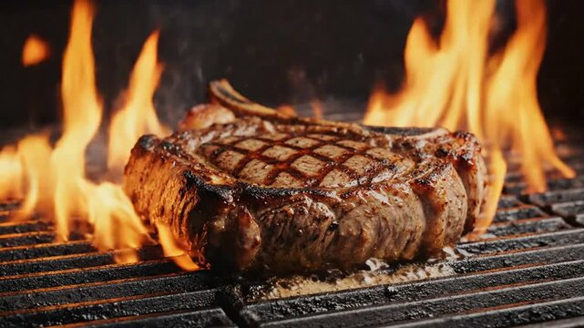 Sizzling tomahawk ribeye steak grilling over open flames with fire and smoke for bbq cookout grilled steak