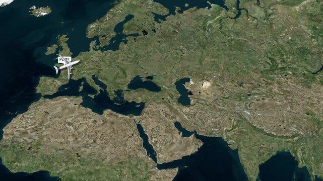 Airplane flying across earth map from Paris to Delhi showing global travel route line trajectory motion video footage clip