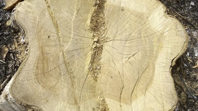 Freshly cut tree stump in burnt forest deforestation and environmental disaster concept