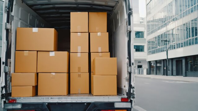 Delivery van parked on residential street with open cargo area filled with cardboard boxes ready for transport.