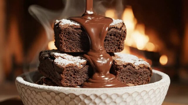 Warm chocolate syrup pouring over decadent fudgy brownies dusted with powdered sugar near cozy fireplace