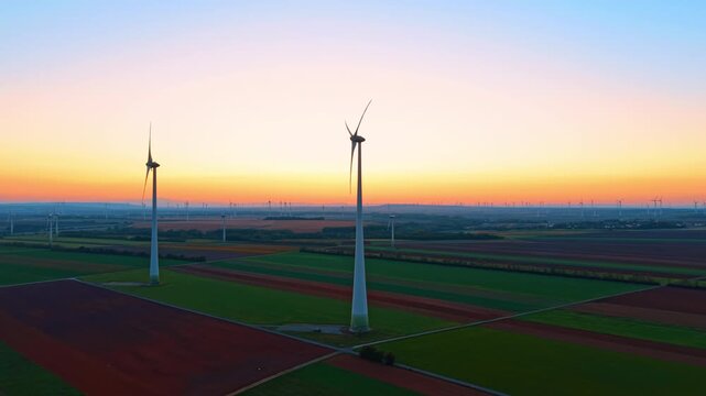 Wind turbines in agricultural fields at golden sunset. Aerial shot presents two white wind generators standing in colorful farmland.