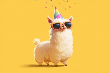 Fototapeta premium Whimsical Alpaca Birthday Celebration Against a Pure Yellow Backdrop