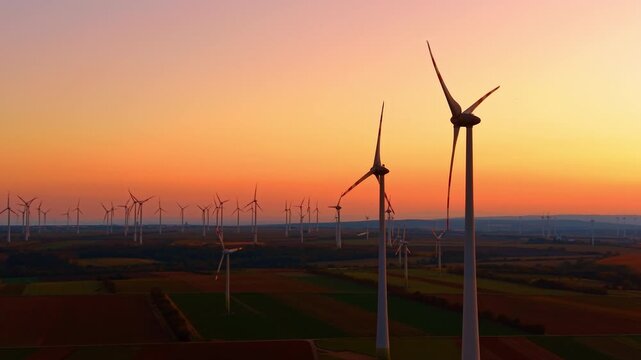 Wind turbines, aerial view of power generation across farmland at sunset. Two foreground towers stand against a yellow and orange sky, with smaller turbines on the horizon.
