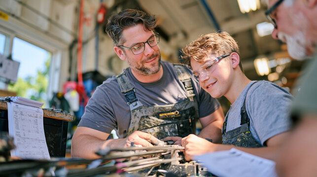 A fletcher arrow maker patiently teaches a young apprentice to align shaft components, a stack of invoices visible on a side desk in the industrial workshop, the family unit framing evoking financia