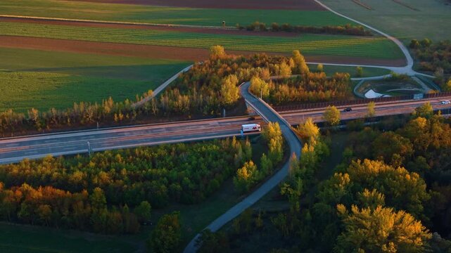 Highway and overpass, aerial view of a truck passing between wooded fields. A curved local road crosses traffic lanes beside green crops and trees illuminated by low sunlight.
